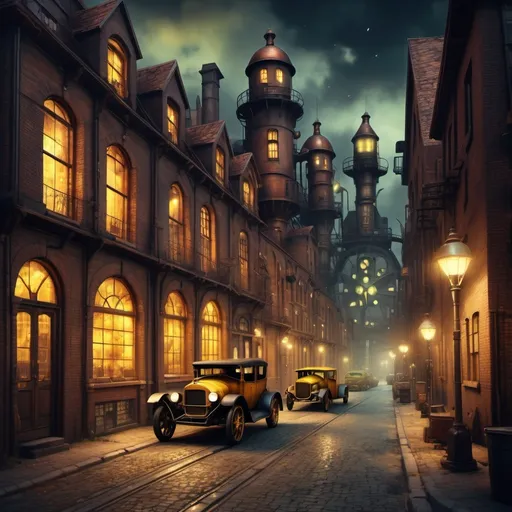 Prompt: 4K image, dusty rusty and dry vintage image, watercolors in natural dark colors, Imagine a steampunk cityscape at night, with beautiful factory-like residential houses in brick with copper roofs and iron in the windows, lit by copper streetlights that cast a yellow glow. A cobbled street, with parked steampunk cars in various designs, the street leads to a tall very beautiful and complicated steampunk clock tower. A steam-powered carriage clatters past, its mechanical horse spinning silently. (medium closeup:0.6) portrait, A beautiful woman hurry's home in her steampunk outfit and a umbrella opened over her, The atmosphere is filled with the gentle warm light and ceilings, the people here are content calm and peaceful, a full moon in the background, William Morris style, digital image