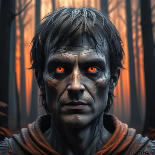 Prompt: Realistic image, 4K image, 3D image, we see it from the front, centered, a background with (medium closeup:0.6) portrait, we see the medeival dark scary evil forest, in watercolors with natural dark colors, with a shimmering orange light, the colors should be in dark blue, grey, red, orange, brown, yellow, green, creme, peach, black with gold in details. dark evil scary creatures arises from th forest in the the backdrop. John Bauer's style. Digital Image.