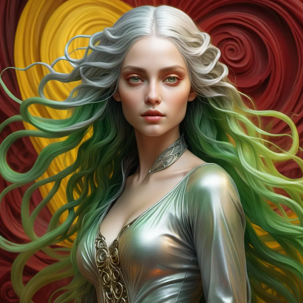 Prompt: 4k image, realistic image, A digital artwork depicting an ethereal female character with flowing green hair in a detailed silver outfit, set against a backdrop of swirling reds and yellows, blending realism and fantasy elements, Leonardo Da Vinci's style,digital image.