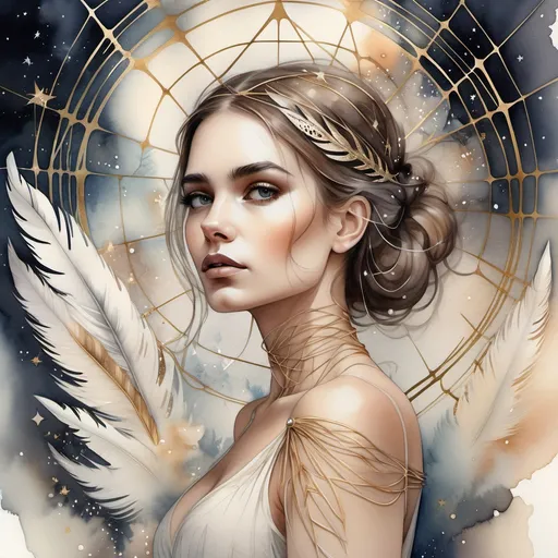 Prompt: 8k image, watercolor painting, a beautiful background (medium closeup:0.6) portrait, of a woman, in the back behind the woman a huge web going with an design of interconnected shapes,  big faded feathers and glowing jewels and twinkeling stars, gold in details, to create a beautiful, serene and ethereal atmosphere, Michelangelos's style. digital image,