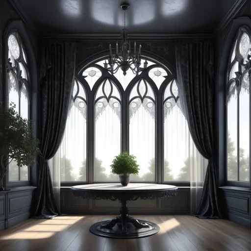 Prompt: A 4k, 3d model, realistic image, seen from the front, We see a huge stained window in the center, of a room the wallpapers are dark in colors dark grey and silver lines, the window are draped with some very beautiful welvet and lace gothic curtains, in front of the window, there are a round dark glass table with tree feet, and two chairs attached to it. The floor are made of dark board floor. On the table there are a beautifull glassvase with black and red roses in, some soft lights comes through the window giving a almost glittering, glowing, light emitting, with a style reminiscent of William Morris's work. black background.