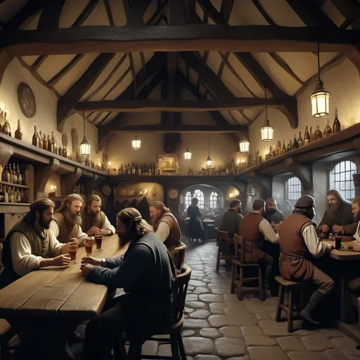 Prompt: 4k image, time periode 1600, we see a medeival inn with some strange characters inside sitting at different tables drinking ale or eating, at the far end we see the barkeeper who are lookig over the inn making sure all is calm, appearances, furniture, environment and light according to the time period, Leonardo Da Vinci's style, digital image,