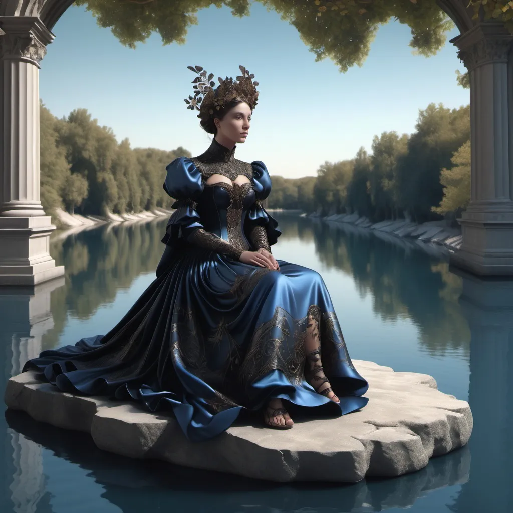 Prompt: 4k image, trompe l’oeil, A woman in an elaborate, dark-colored costume with intricate designs sitting on a stone structure by a calm blue river, surrounded by trees reflecting on the water's Surface. Michelangelo's style, digital image