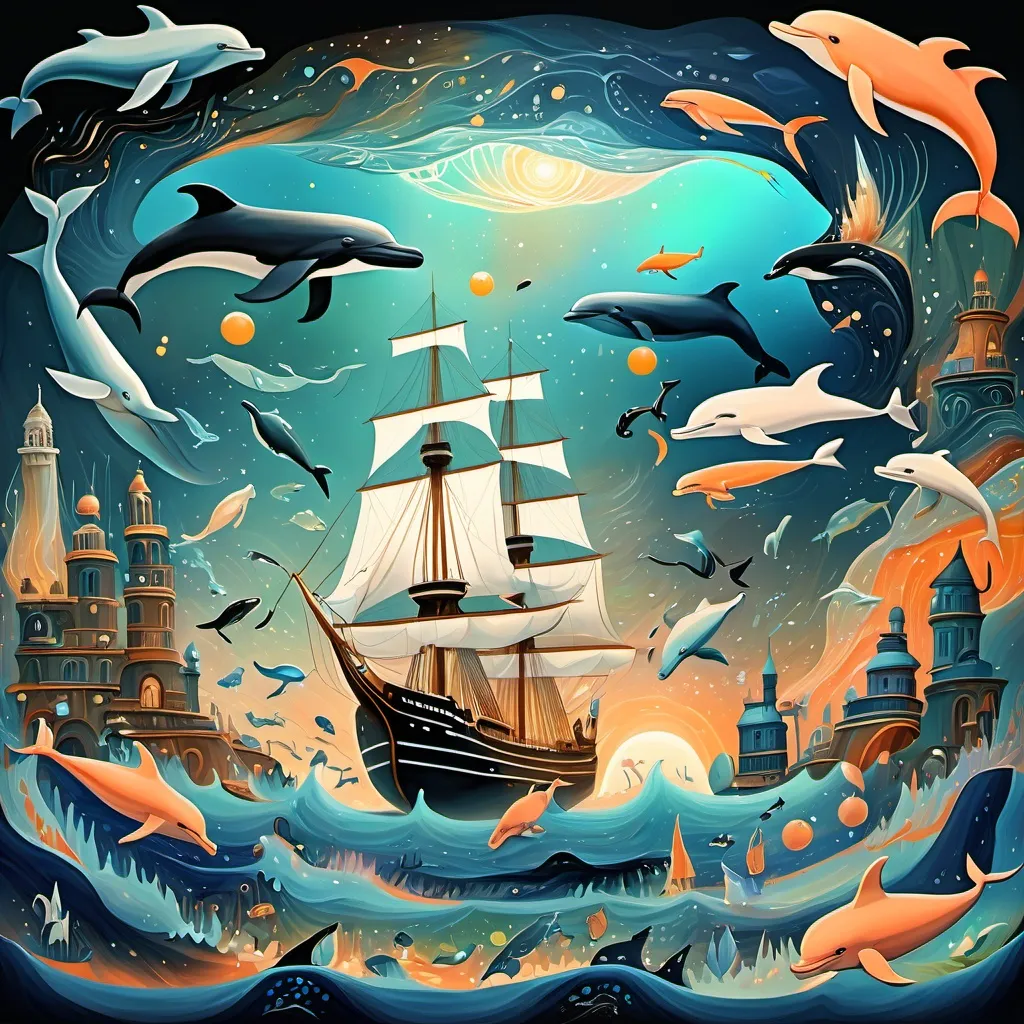 Prompt: a 4k, digital image, Oilpaintig in natural colors like blue, peach, orange, green, white, black and gold in detals, a modern art with lots of shapes and colors, like a dreamscape, or a fantasy background, with a acient ship with many sails in the middle and floating whales, dolphins and giant octopus, and lights, the moon is full and gives a soft warm light. realistic attention to detail, highly detailed, colorful realism, dynamic flow with liquid lighting techniques, The scene is breathtaking. Gustav Klimts's style,