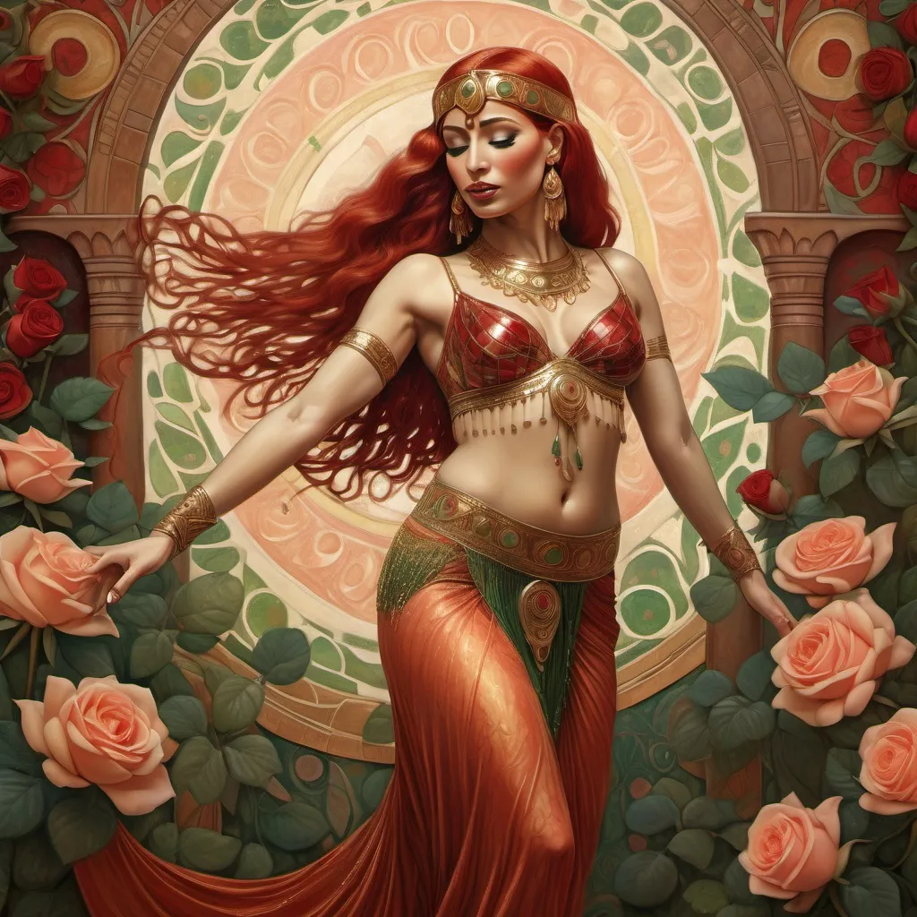 Prompt: An ethereal Egyptian female belly dancer in her traditional suit, with flowing red hair in a detailed gold and red outfit, dances in front of a beautiful backdrop of red, green, and peach roses and foliage patterns. The image is a digital artwork that blends realism and fantasy elements in John Bauer's style. The image is a 4k realistic oil painting in natural oil colors.