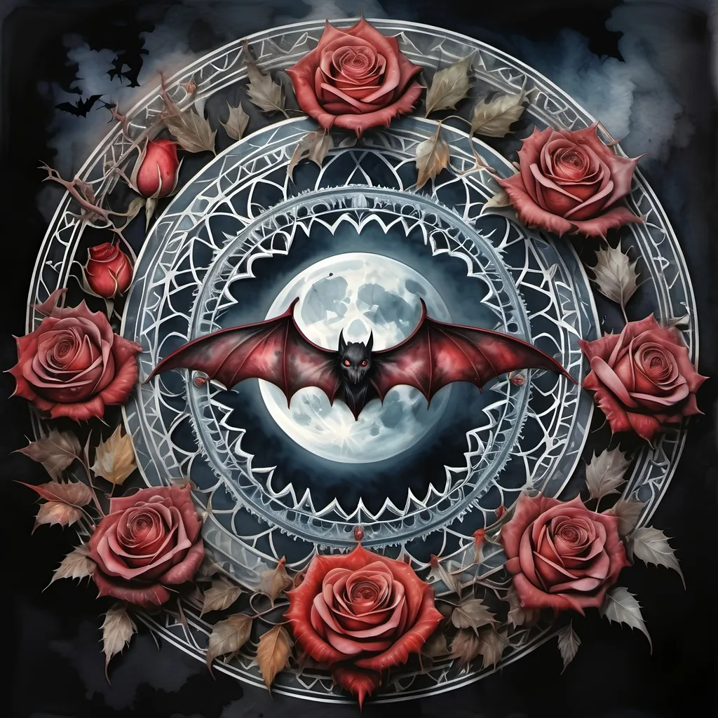 Prompt: 4k Image, realistic image, a sheer, misted and wonderful world, in natural dark warm watercolor, (medium closeup:0.6) portrait, we see a scary and beautiful mandala with thorns, red roses, and bats and the mandala are for vampire protection, a full moon is up and gives the picture some soft light, the feeling in the picture is fright, scary and spooky. John Bauer's style, digital image,