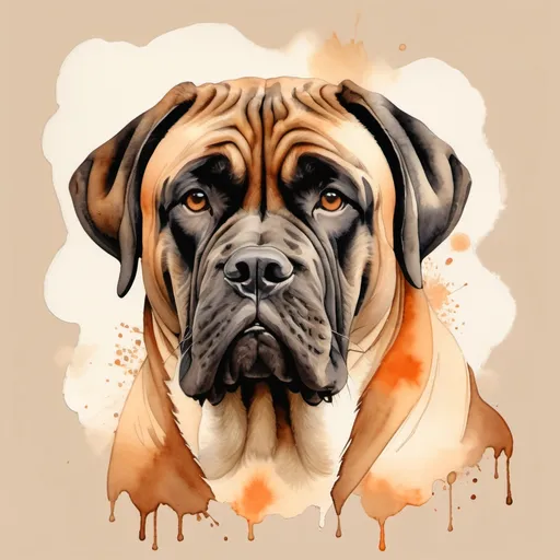 Prompt: A Mastiff dog in watercolor, centered, in brown, black in details faint orange and with a soft cream, color background.