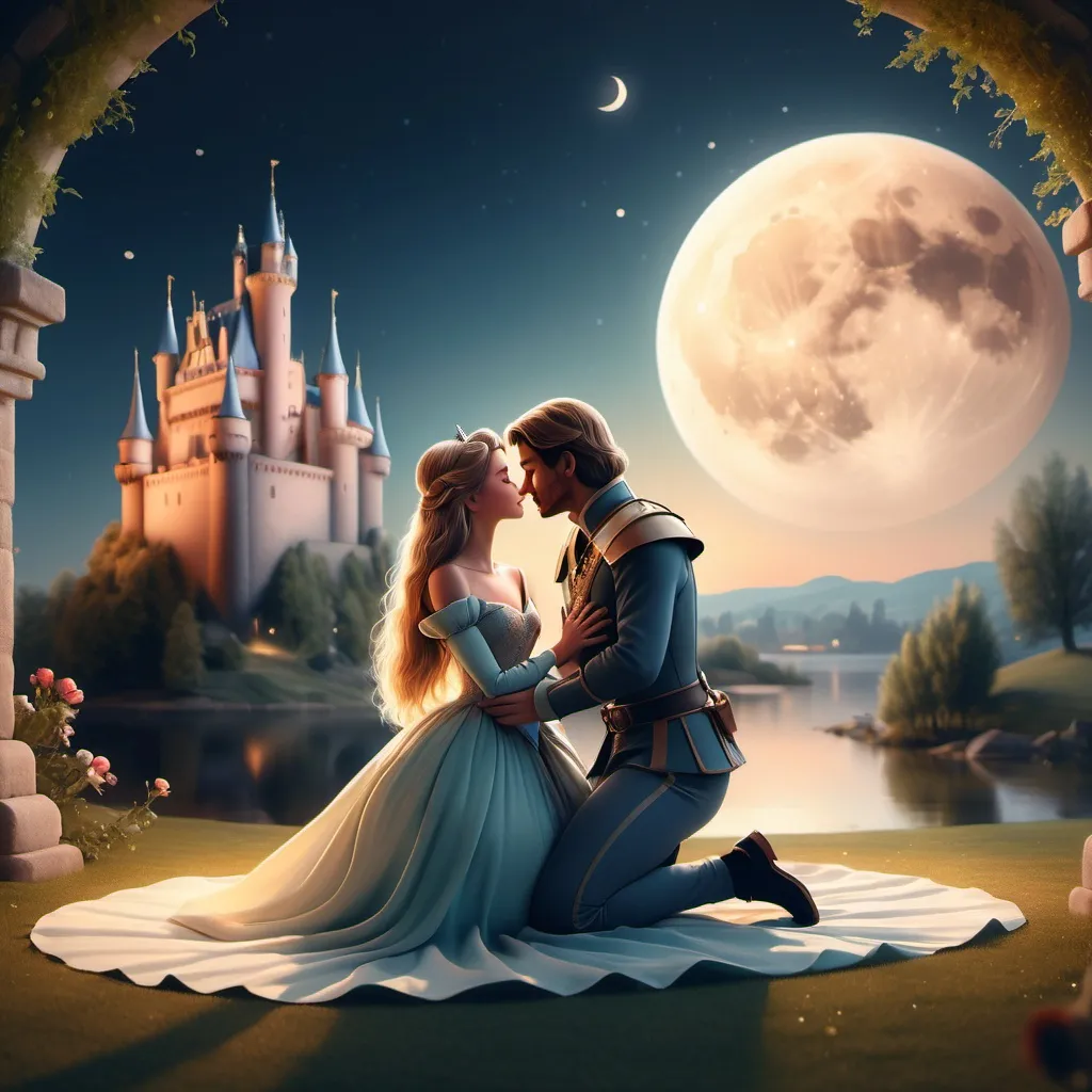 Prompt: Realistic image, 4K image, we see it from the front, a background with calm, peacefull and healing colors, atmosphere of softness warmth, a small fairytale with a princess who is very beautiful and we see her in thei environment, with a prince on his knees proposing to her, castle in the backdrop, a moon in the background for dramatic light, very detailed, the colors should be in peach, lightblue, lightgreen, yellow and orange, and creme with a little gold in the details. John Bauer's style, detailed,