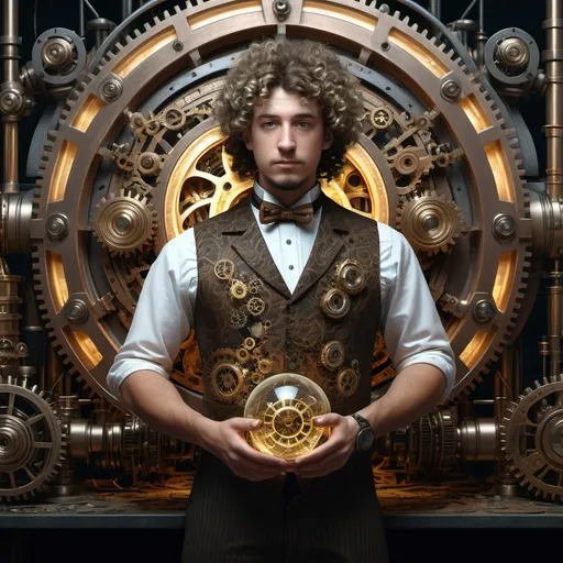 Prompt: 4K image, realistic image, dark natural colors, , a man in a steampunk outfit with curly hair and a vest standing next to an intricate machine with gears and a glowing orb, blending mechanical and organic elements, William Morris style, digital image.