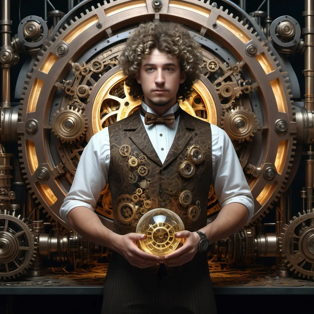 Prompt: 4K image, realistic image, dark natural colors, , a man in a steampunk outfit with curly hair and a vest standing next to an intricate machine with gears and a glowing orb, blending mechanical and organic elements, William Morris style, digital image.