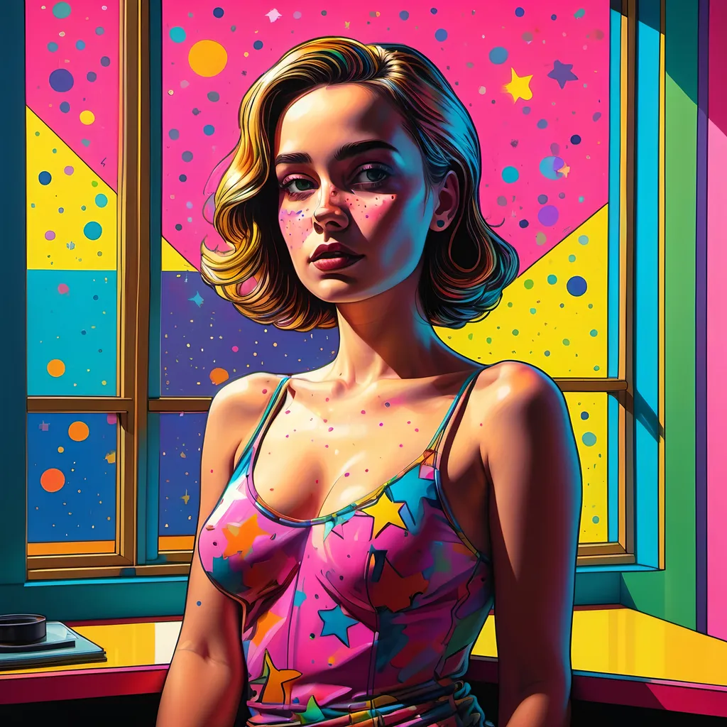 Prompt: A full figure image, 4k image, portrait, with dots, stars and lines in bright, saturated colors in pop art style. The lines should be narrow in the middle and widen as they extend to the edge of the work surface. Strong colors such as Pink, Blue, Green, Yellow, Orange, black and gold in the details. A solitary open window with curtains moving in the wind, Outside the window we see planets, flowers, stars and floating houses and cats. The background should be kitsch and contain dots and zigzag lines. CarlLarsson's style.