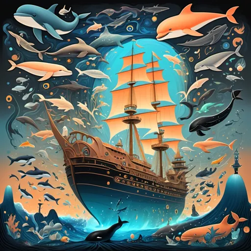 Prompt: a 4k, digital image, Oilpaintig in natural colors like blue, peach, orange, green, white, black and gold in detals, a modern art with lots of shapes and colors, like a dreamscape, or a fantasy background, with a acient ship with many sails in the middle and floating whales, dolphins and giant octopus, and lights, the moon is full and gives a soft warm light. realistic attention to detail, highly detailed, colorful realism, dynamic flow with liquid lighting techniques, The scene is breathtaking. Gustav Klimts's style,