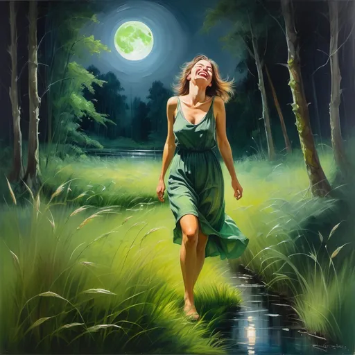 Prompt: Impressionism, in natural oilcolors, with soft brushstrokes, Midnight, we see a green thick grass glade in a forest and a beautiful woman walkig in the glade she is laughing, with a sheer nature and full soft moon and it's reflections in grass background, 