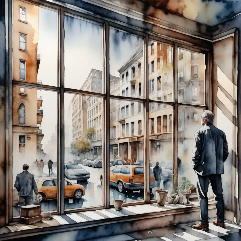 Prompt: 4k image, watercolor darker natural colors, A in natural colors painting capturing reflections through a large window pane, featuring a man and various urban elements, evoking a timeless quality and focusing on themes of consumerism and modern life, Digital Image,