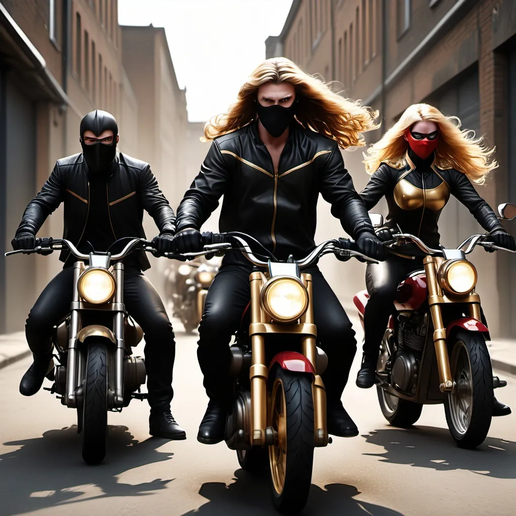 Prompt: 4K image, realistic image, dark natural colors, We see four motorbikes, with a man on each motorbike, one has long dark hair, another has blonde hair, a third has black hair and a fourth has red hair, they all wear an eye mask and are dressed in black and gold superhero clothes . They are the new modern musketeers, William Morris style, digital image.