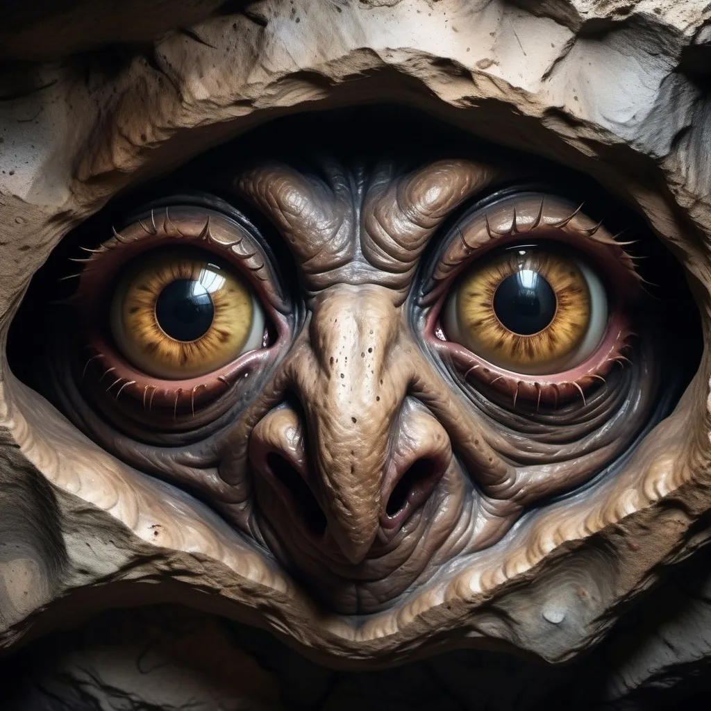 Prompt: 4K image, watercolors, we see it from the front, centered, a background with (medium closeup:0.6) portrait, a pair of really scary spooky and creepy eyes the eyes of a monster, starring at us, the colors of the eyes is darkbrown eyes starring at us, like a fantastic wall in a cave with iscicles and dark lights, the colors should be in darkblue, darkgreen, brown and orange, black, bronze and gold in the details. Edward Munch's style, Digital image.