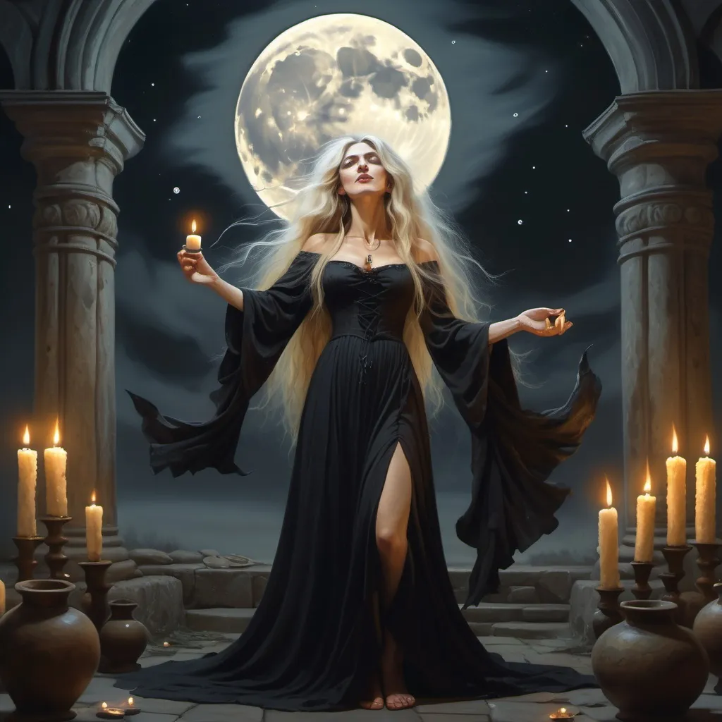 Prompt: 4k image, A oil painting in natural colors, We see a old crocked witch dressed in a black beautiful flowing dress, she has blonde wild tousled medium long hair and the moon is shining on her, standing in front of a big altar with candles, she has some incense sticks in nice little vessels that smell lovely, it's full moon, and she calls out, with her arms up in the air to her higher powers. William Morris's style, digital image.