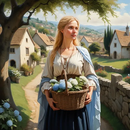 Prompt: 4k image, oil painting in natural cold colors, A serene image featuring a medeival woman in blond har standing by a tree in a medeival attire, consisting of a white blouse, blue shawl, and black skirt, holding a wicker basket with flowers inside, set against lush greenery with a soft, dreamy quality.  we see a medeival village in the background and sunrise in the far back, Michelangelo's style, Digital Image