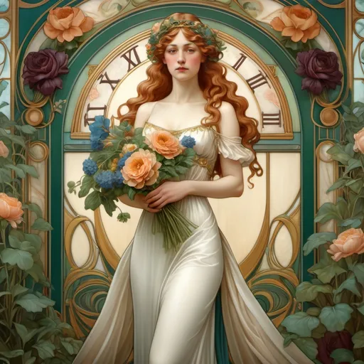 Prompt: 4k image, realistic image, time is 1920, Background image with flowers, plants and a beautiful woman dressed in her wedding dress with abouquet in her hands, in art nouveau style, with rich colors of gold, dark green and burgundy, blue and peach. Carl Larsson's style.