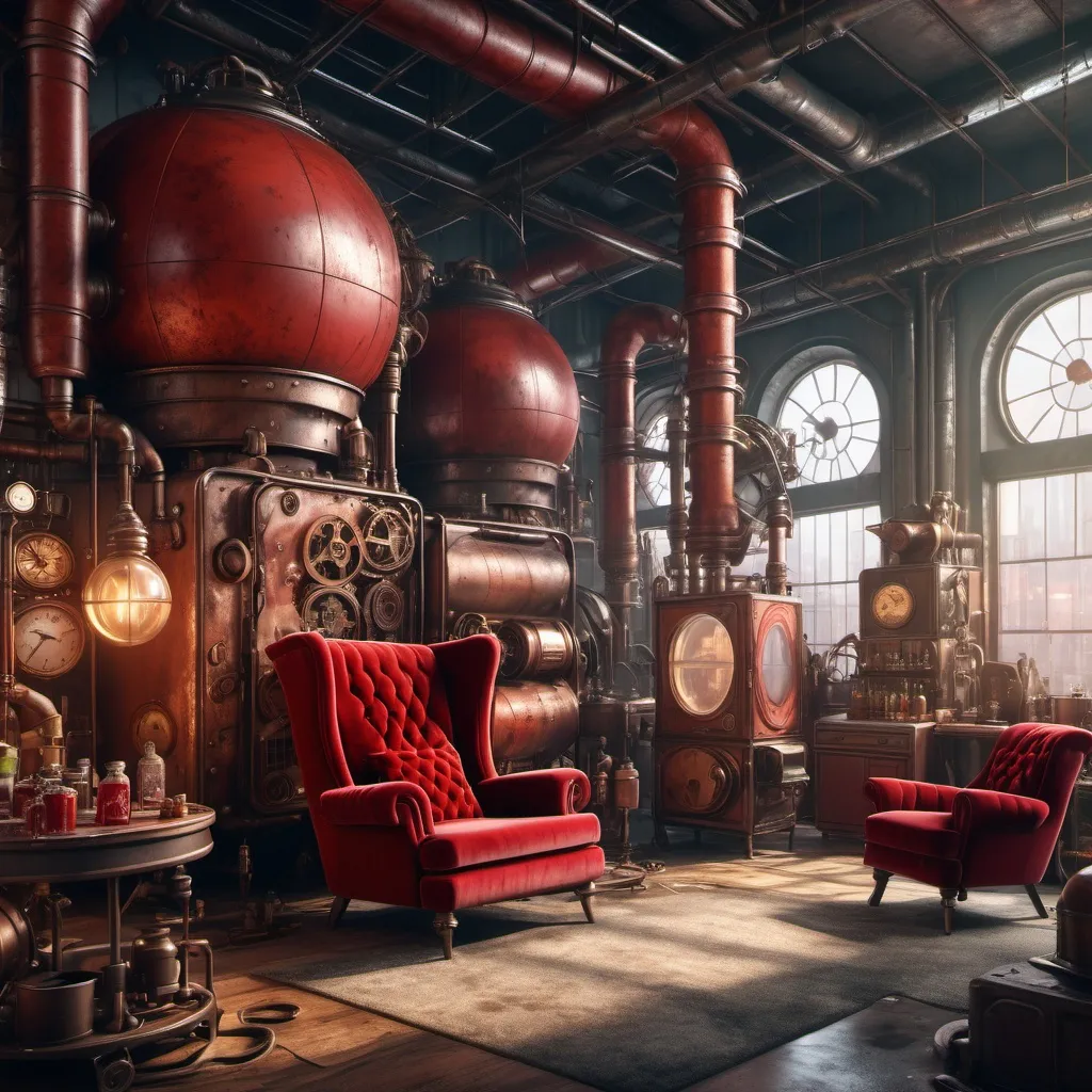 Prompt: 4K image, fantasy, natural colors, trash art, A sheer and little rusty world of steampunk, misted. We see a factory that has transformed to a beautiful steampunk home, with red velvets sodas, armchairs and lamps and thick velvet curtains, She has a bedroom in one end of the factory with just some shelvings as dividers, a kitchen in another part and the livingroom in another part,there are alsoa toilett in a small corner, steampunk lightning furnitures, curtains carpets and enviroment inside this home,in a window the sunrise shines through. John Bauer's style, Digital image,