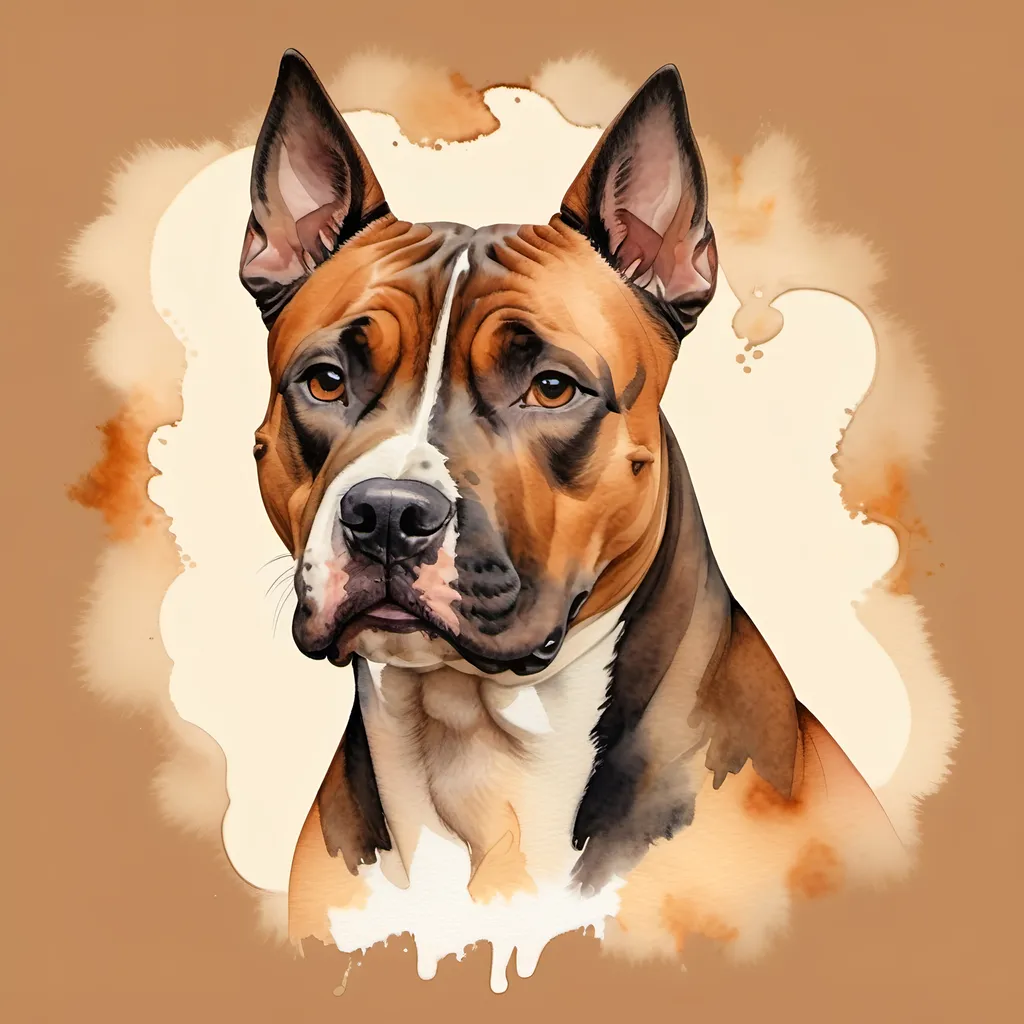 Prompt: A Amstaff dog in watercolor, centered, in brown, black in details faint orange and with a soft cream, color background.