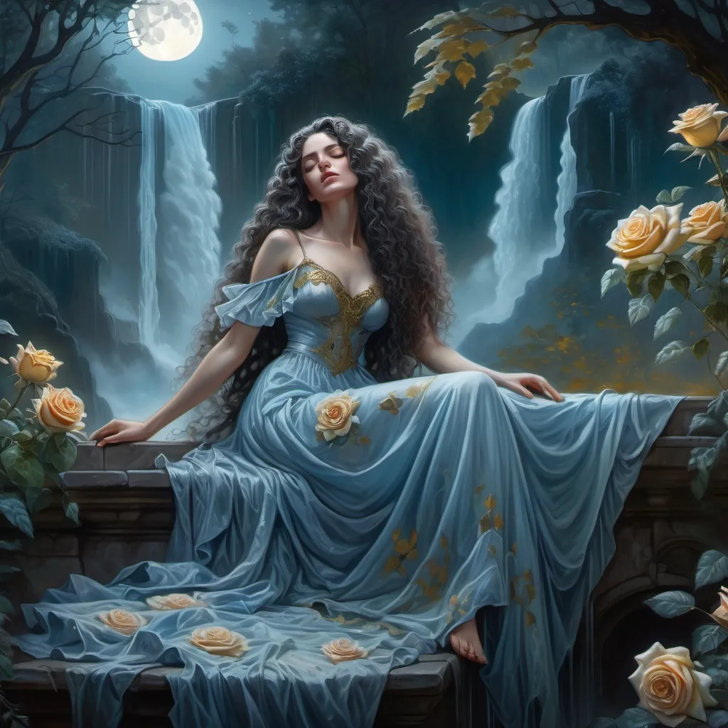 Prompt: 4k image, oil painting in natural cold colors, A fantastical scene featuring a woman with long, flowing dark curly hair and sheer beautiful lightblue with goldtrimmings gothic dress, reclining on a roses, foliage and flowered covered ledge in a beautiful light strange forest with cascading waterfall behind her in the far back under the moon, she enjoys the peace, and floating fireflies, Moon is up and gives a spooky light. Michelangelo's style, Digital Image