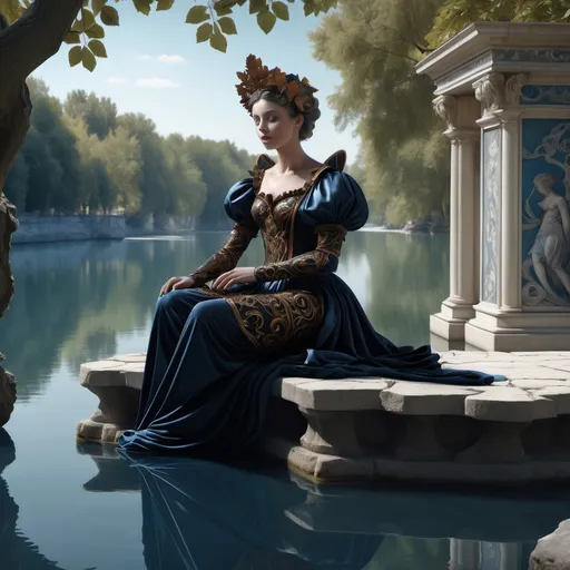 Prompt: 4k image, trompe l’oeil, A woman in an elaborate, dark-colored costume with intricate designs sitting on a stone structure by a calm blue river, surrounded by trees reflecting on the water's Surface. Michelangelo's style, digital image