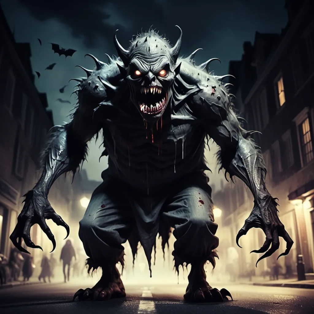 Prompt: 4K image,dark watercolors, We see a really scary and spooky monster walking the streets at night, The monster are followed by a swarm of bats, The monster is an areally old scary monster with many teeth, sharp nails and worned  out and dirty clothing and he screams and points at us as he walks, he is out for our blood, It is midnight outside and the full moon is up, giving a orange light to the image. John Bauer's style, Digital Image.