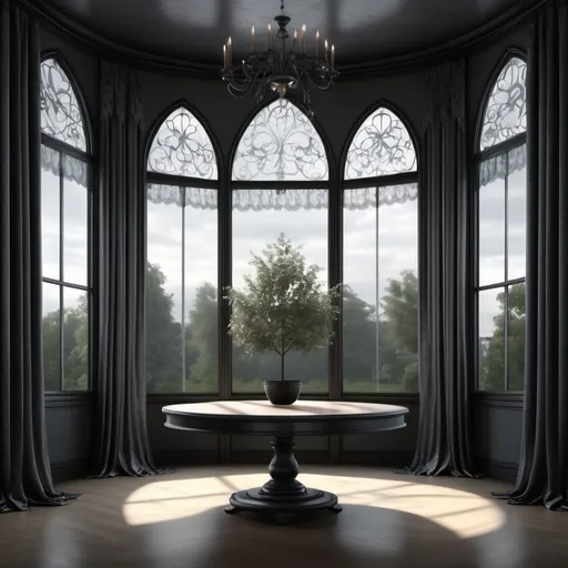 Prompt: A 4k, 3d model, realistic image, seen from the front, We see a huge stained window in the center, of a room the wallpapers are dark in colors dark grey and silver lines, the window are draped with some very beautiful welvet and lace gothic curtains, in front of the window, there are a round dark glass table with tree feet, and two chairs attached to it. The floor are made of dark board floor. On the table there are a beautifull glassvase with black and red roses in, some soft lights comes through the window giving a almost glittering, glowing, light emitting, with a style reminiscent of William Morris's work. black background.