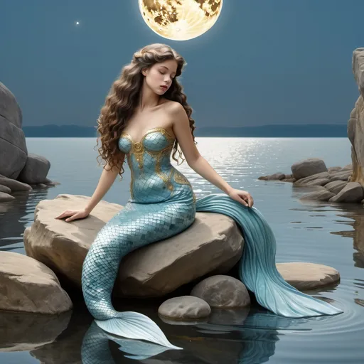 Prompt: 4k image, trompe l'oeil art, an image of a mermaid with long curly dark hair, in light blue dress with gold details, sitting on a round rock in the water, in natural colors, moon in background, Carl Larsson's style.