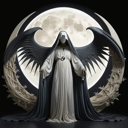 Prompt: 4 k image, trompe l’oeil , A dark, intense scene featuring a blindfolded figure with a halo-like circle around the head, draped in flowing fabric and surrounded by large skeletal wings, a big moon in backdrop, White background. William Morris's. Digital Image.