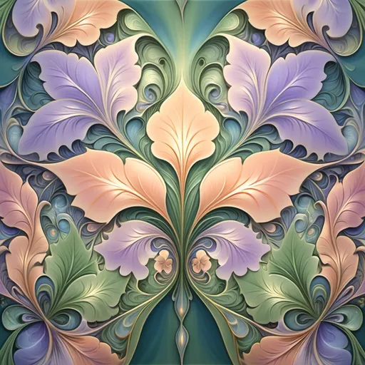 Prompt: 4k image, oil painting, A fractal with an intricate design of interconnected shapes resembling leaves and violets, against a gradient background, using shades of green blue, peach and lilac and gold to create a art deco, serene and ethereal atmosphere, Carl Larsson's style. digital image,