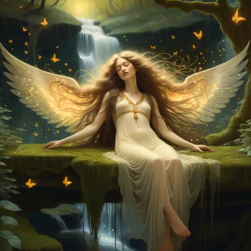 Prompt: 4k image, oil painting in natural warm colors, A fantastical scene featuring a woman with long, flowing hair and sheer angels wings, reclining on a moss-covered ledge in a lush forest with cascading waterfall and floating fireflies, Gustav Klimt's style. digital image,