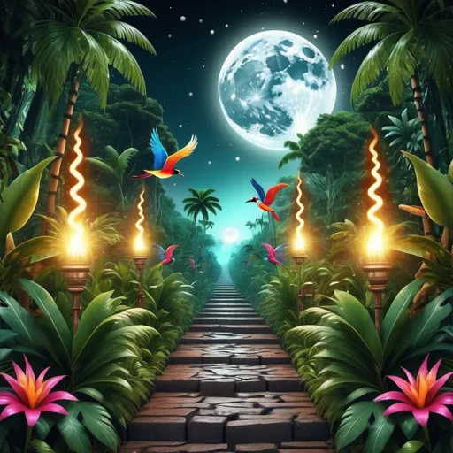 Prompt: Realistic image, 4K image, 3D image, An image of , we see it from the front, centered, a background with a view of a fantastic scene of jungle flowers, jungle birds and paths, torches placed along side the paths, a wonderful full moon over the jungle , with glitter and glamour, like a fantastic wall in a brilliant disco, with a shimmering light , atmosphere of softness warmth, dramatic light, very detailed, the colors should be in darkgreen, lightgreen, yellow and orange, brown, red, and creme with a little gold in the details. John Bauer's style, detailed,