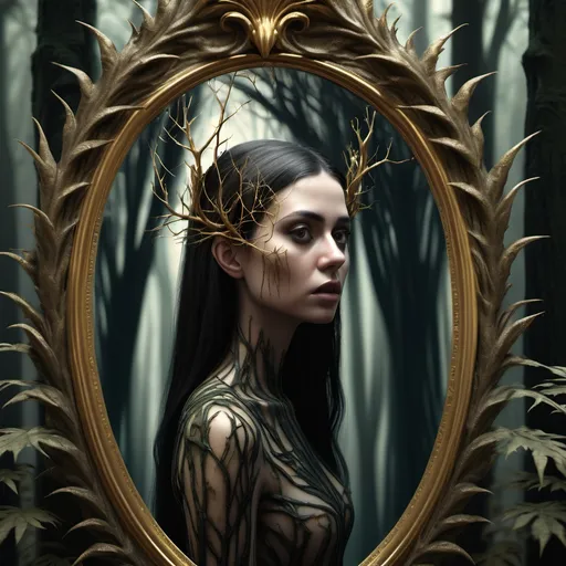 Prompt: Realistic 3 D abstract image, a lush, sheer, faded dark forest, (medium closeup:0.6) portrait, We see a woman who stands in front of a tall paled golden mirror. she is looking at her scary evil self in the mirror, the mirror shows her, who she is inside, her soul, the dark evil one, dark foliage thorns and dark coloured flowers incorporated, scary soft light emitting almost like glittering, glow, Leonardo Da Vinci style, Digital Image.