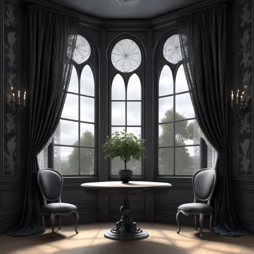 Prompt: A 4k, 3d model, realistic image, seen from the front, We see a huge stained window in the center, of a room the wallpapers are dark in colors dark grey and silver lines, the window are draped with some very beautiful welvet and lace gothic curtains, in front of the window, there are a round dark glass table with tree feet, and two chairs attached to it. The floor are made of dark board floor. On the table there are a beautifull glassvase with black and red roses in, some soft lights comes through the window giving a almost glittering, glowing, light emitting, with a style reminiscent of William Morris's work. black background.