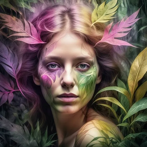 Prompt: 4k image, realistic, watercolor natural colors, misted image, A dark, intense scene a digitally rendered fractal design featuring shades of pink, green, gold, and violet (medium closeup:0.6) portrait, A capturing of a womans beautiful head emerging in a musty jungle, William Morris style, digital image