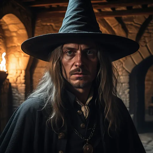 Prompt: 4k image, colorful, a dark room in the tower of a medeival castle, her lives the warlock and his room is a typical medeival tower room in natural colors, (medium closeup:0.6) portrait, we see a man dressed in black with a big hatt and long hair, if he wasn't so scary people would say thet he is beautiful, young and strong, he is creating a magical curse for the king, the sun shines through the small windows in the tower, in the middle are a huge wooden table with lots of magical books and potions, small cauldron, a candelabra in the ceiling for better light, there are a crow sitting on a birdstick near the warlocks bed, the background, mystic, medeival, a soft light emitting, realistic attention to detail, highly detailed, colorful realism, dynamic flow with liquid lighting techniques. Michelangelo's style. Digital Image.