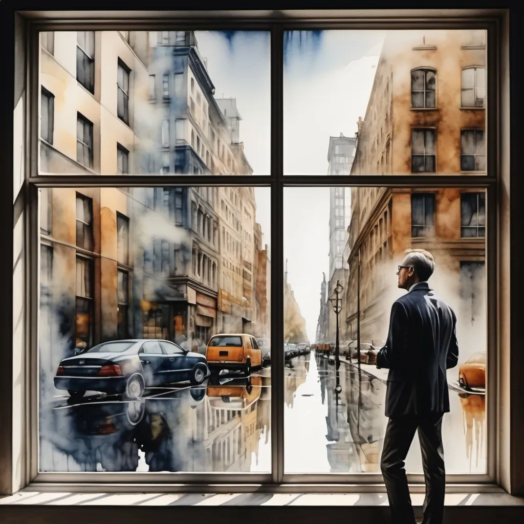 Prompt: 4k image, watercolor darker natural colors, A in natural colors painting capturing reflections through a large window pane, featuring a man and various urban elements, evoking a timeless quality and focusing on themes of consumerism and modern life, Digital Image,