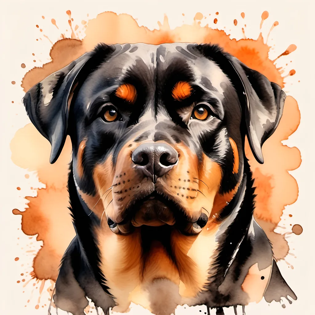 Prompt: A Rottweiler in watercolor, centered, in brown, black in details faint orange and with a soft cream, color background.