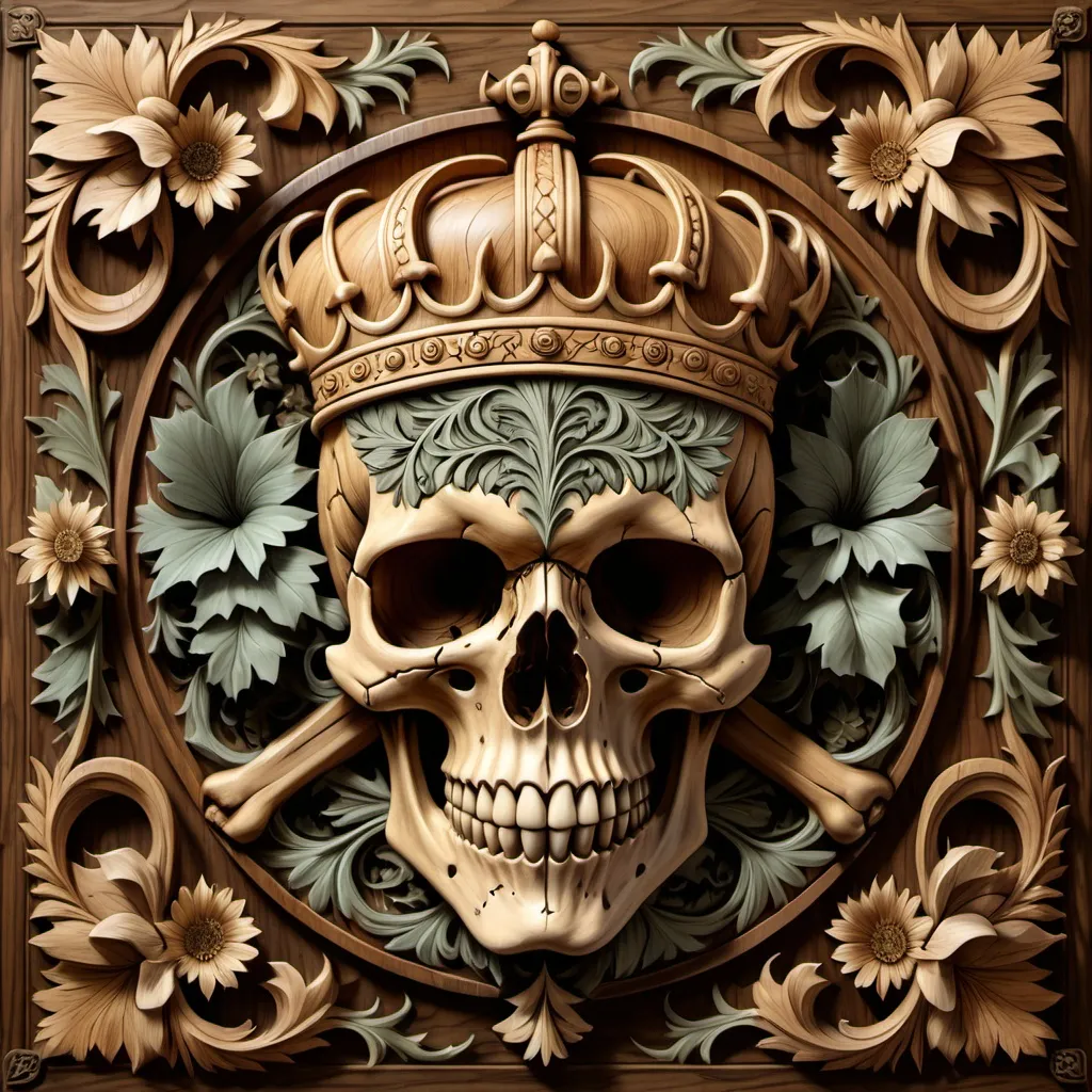 Prompt: 4 k image, warm natural oil colors, A wooden panel with intricate carvings depicting a skull with a coat of arms with a skull with a crown on it and two crossed swords below the skull, surrounded by ornate floral patterns, showcasing detailed craftsmanship, William Morris style, digital image,