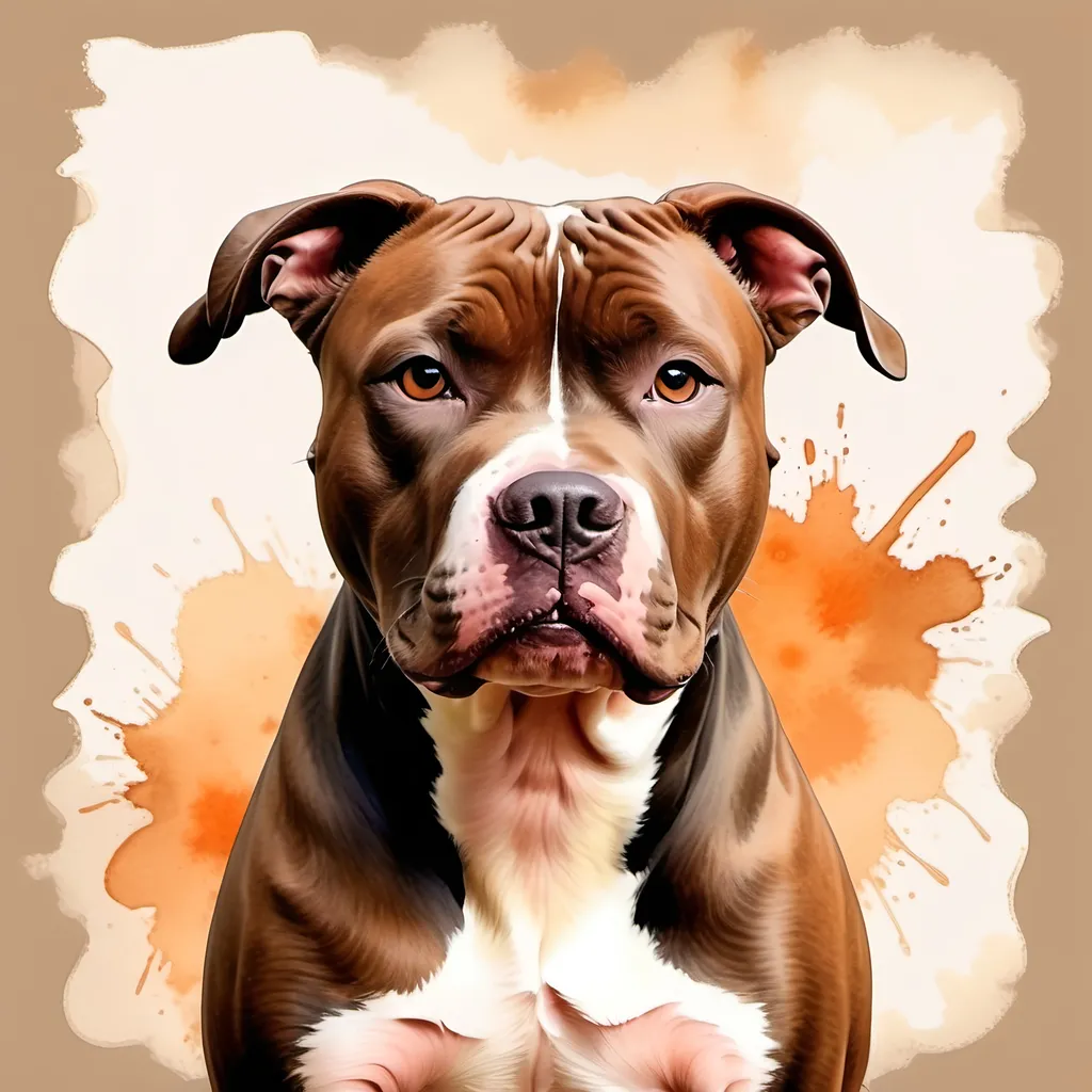 Prompt: A Pitbull dog in watercolor, centered, in brown, black in details faint orange and with a soft cream, color background.