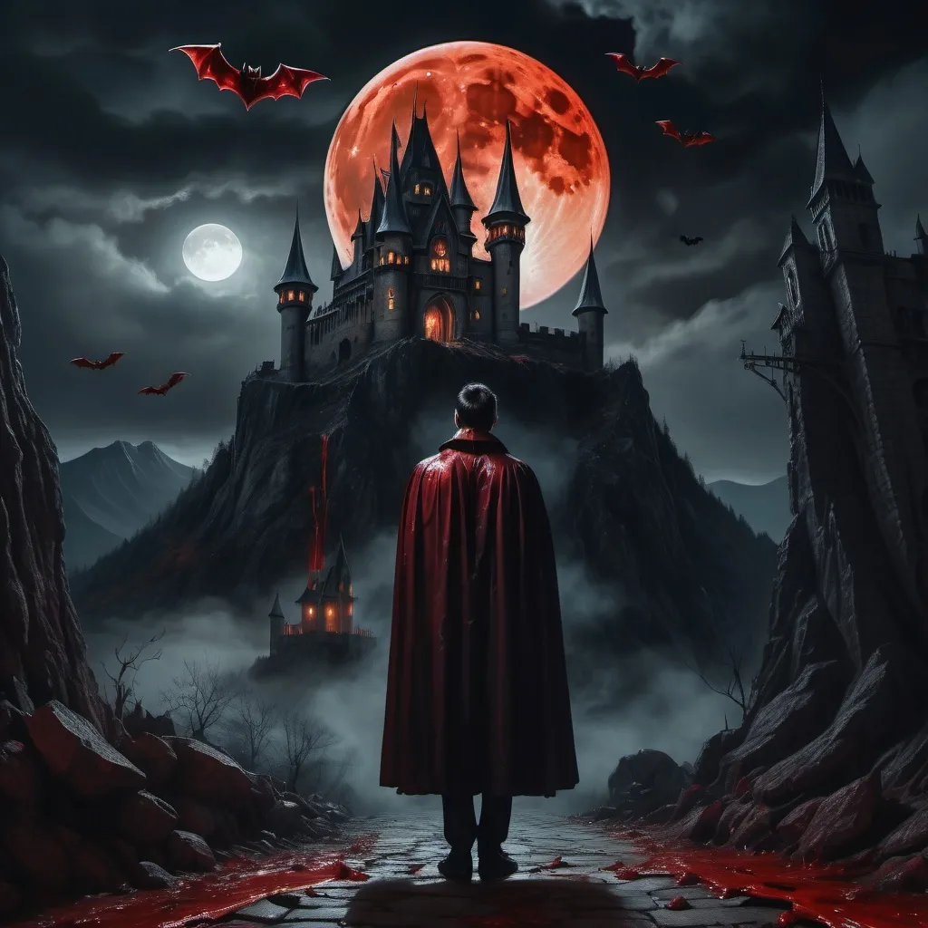 Prompt: 4k image, realistic image, oil painting in dark colors, we see a dark vampire castle placed in a foot of the mountain,it is lit and lost of bats hoover around, (medium closeup:0.6) portrait, a screaming and bloody scary vampire are looking at us in the front, a huge blood moon is up in the background, adult halloween image, John Bauer's style, Digital Image