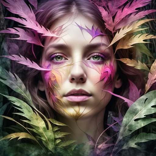 Prompt: 4k image, realistic, watercolor natural colors, misted image, A dark, intense scene a digitally rendered fractal design featuring shades of pink, green, gold, and violet (medium closeup:0.6) portrait, A capturing of a womans beautiful head emerging in a musty jungle, William Morris style, digital image