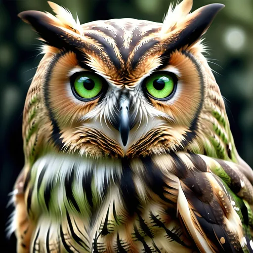 Prompt: Realistic image, 4K image, watercolors, we see it from the front, centered, a background with (medium closeup:0.6) portrait, we see a strange big owl with a pair of really scary spooky and creepy eyes the eyes of a monster, starring at us, the colors of the eyes is neo green eyes starring at us, the owl are emerging from a forest, they are one with each other, the colors should be in darkblue, darkgreen, brown and orange, black, bronze and gold in the details. William Morris's style, Digital image.