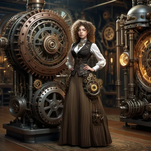 Prompt: 4K image, realistic image, dark natural colors, , a woman in a steampunk outfit with curly hair, long striped skirt and a vest standing next to an intricate machine with gears and a glowing orb, blending mechanical and organic elements, William Morris style, digital image.