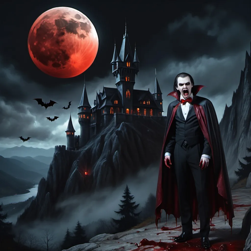 Prompt: 4k image, realistic image, oil painting in dark colors, we see a dark vampire castle placed in a foot of the mountain,it is lit and lost of bats hoover around, (medium closeup:0.6) portrait, a screaming and bloody scary vampire are looking at us in the front, a huge blood moon is up in the background, adult halloween image, John Bauer's style, Digital Image