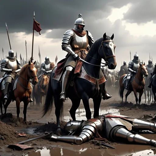 Prompt: 4K image, realistic image, dark natural colors, , we see a battlefield with lots of dead horses and men, weapons, broken swords and shields lies scattered here and there, on the muddy ground, a Knight is left sitting on a horse in his armor, with a royal banner in one hand, William Morris style, digital image.