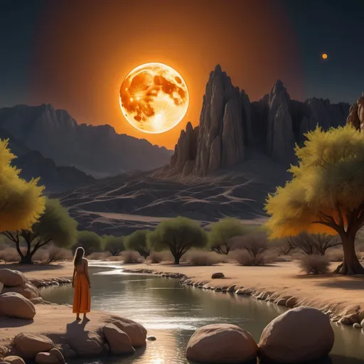 Prompt: 4k image, A detailed, bare image with a large orange and yellow glowing moon, large in the background, visible above the surface between two rocky very high mountain peaks. In the foreground is a shallow river and a desert with bushes. on the right a small house with a garden and a appletree, centered, we see the woman from the front, a woman is standing in front of us, she is pointing towards the big moon, her hair is moving in the wind and her maxi dress is moving in the same direction. The image should have dark undertones and appear with orange blue and purple tones. There should be light coming from the moon, which is reflected away from the stage. Leonardo Da Vinci style. Digital Image,