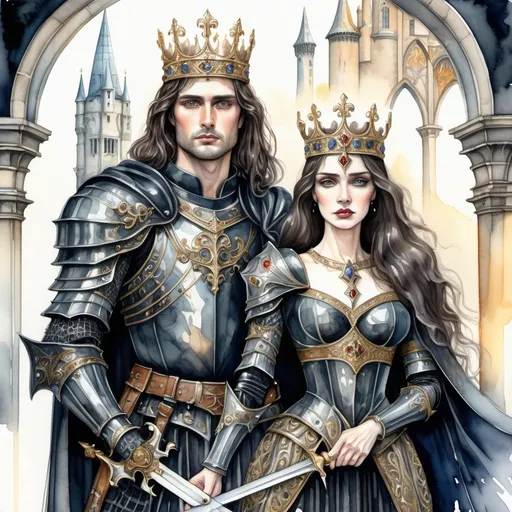 Prompt: Watercolor illustration, High Gothic, Dark Fantasy, Cottagecore King Arthur and his queen Guinevere, he handsome chiseled face, detailed eyes, Royal precious stones crown, long flowing dark hair, holding the sword Excalibur, She long dark cury hair,detailed eyes holding a raven, Detailed ornemental 16 century Gothic black knight armor guilded with golden trims , long flowing red cloak, lush crimson orange/yellow Oak forest, meadow of white flowers, ponds, marble white Elven ruined archways,, Inspired by John Bauer,